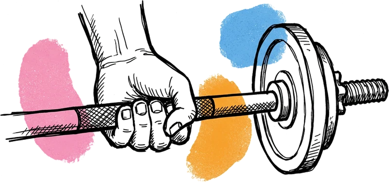 Drawing of a hand gripping a barbell beside a weight plate, with pink, orange and blue paint patches behind