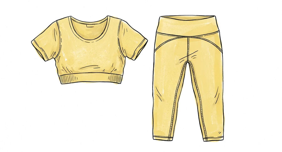 Drawing of a yellow short-sleeve crop top beside matching yellow leggings