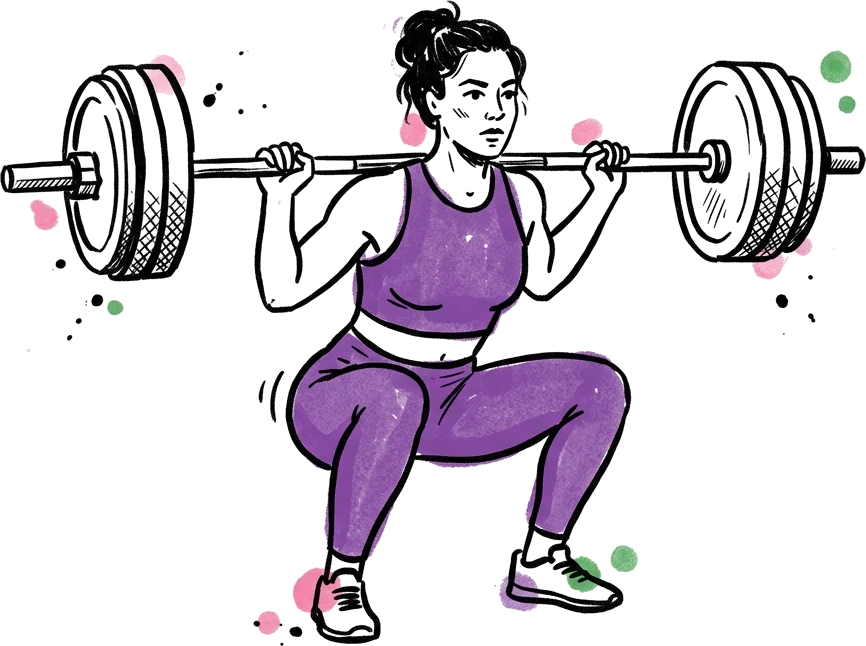 Drawing of a woman in a purple set holding a loaded barbell across her back at the bottom of a squat